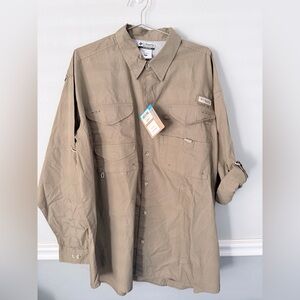 Columbia PFG Fishing Shirt  Tan Cotton Button Up Roll Tab Sleeves NWT XL